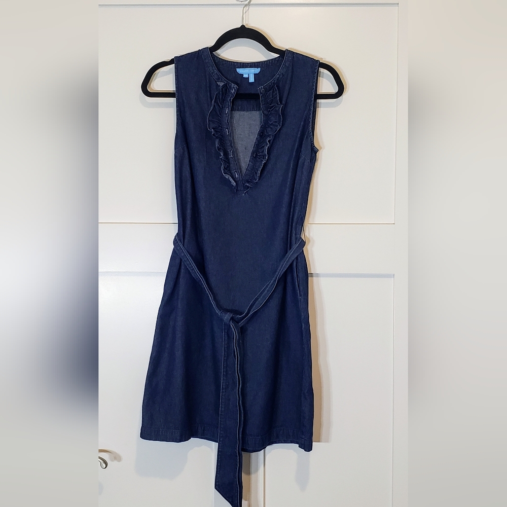 Draper James Mini Denim Sundress Sleeveless Cotton Tie Belt Pockets Size XS